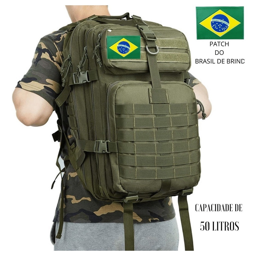 Mochila Tatica Militar Camuflada Exercito Camping 50 Litros Acompanha PATCH DA BANDEIRA DO BRASIL