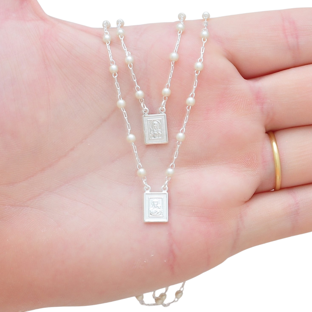 Escapulário Nossa Senhora Do Carmo Pérolas Banhado a Prata em Oferta na Shopee