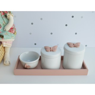Kit Higiene Bebê Borboleta Bandeja Retangular Quarto Menina K052 Banho Cuidados