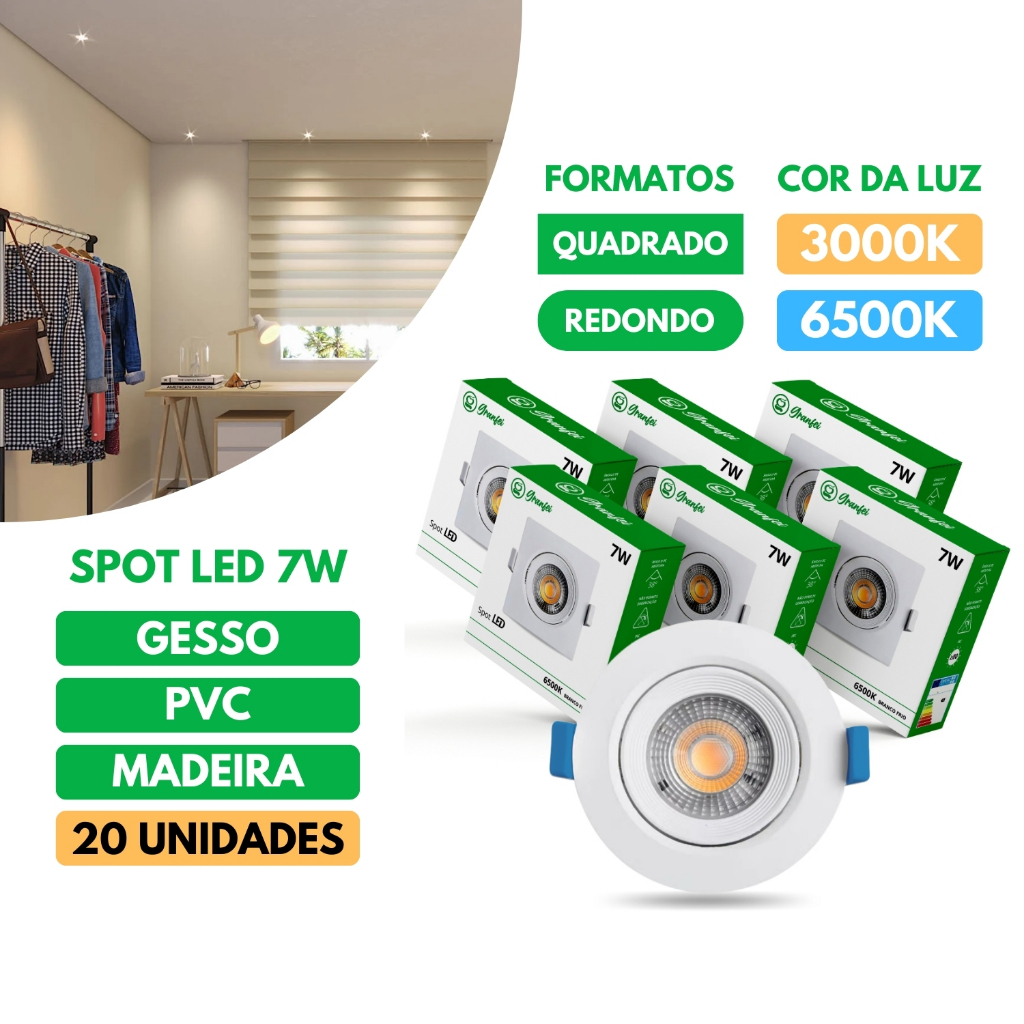 Kit 20 Luminária Led Spot 7W Quadrado Redondo Embutir Branco Frio Neutro Quente