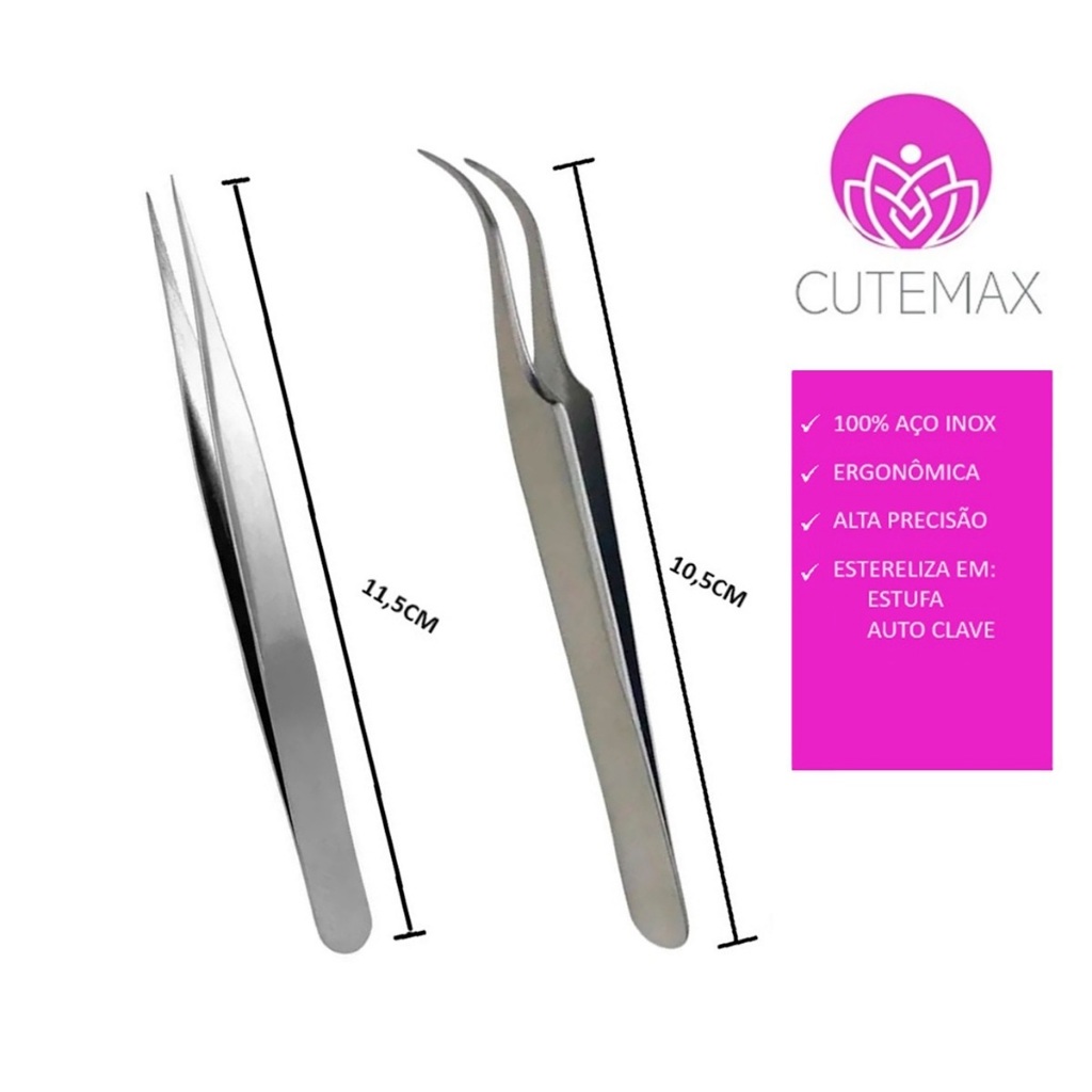 Kit 2 Pinças Para Extensão e Alongamentos de Cilios Profissional Fio A Fio