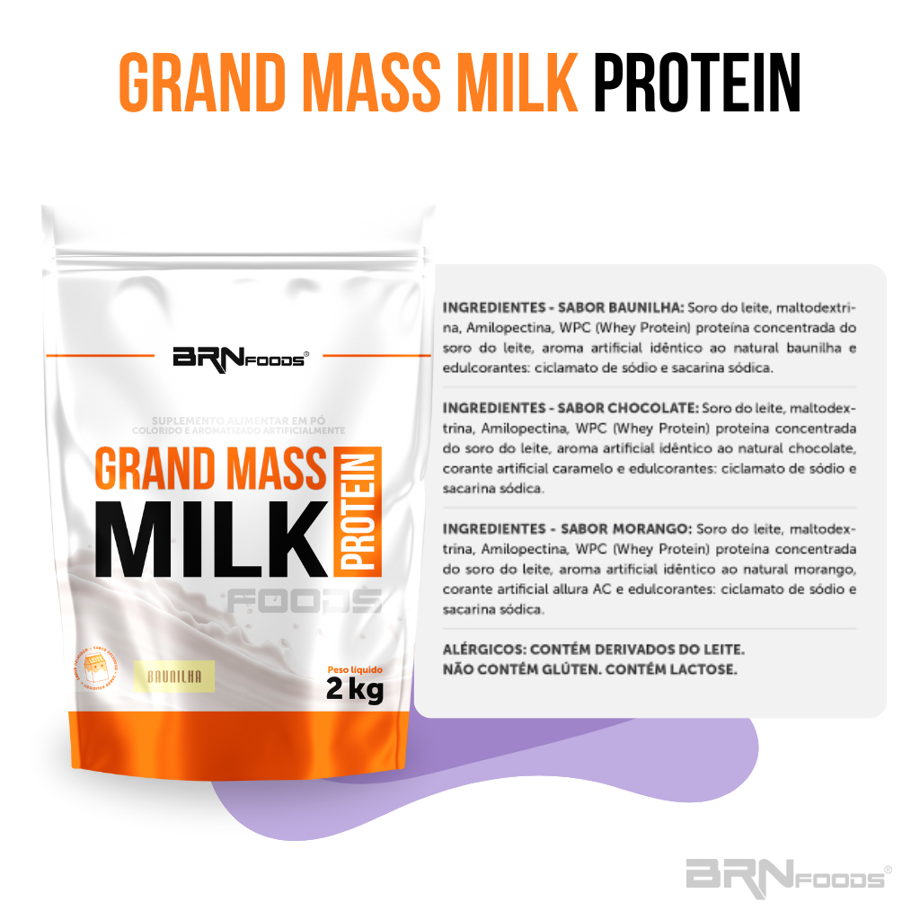 Detalhes do Kit 3x Hipercalórico Sem Soja Grand Mass Milk Protein Foods 2kg - BRN FOODS