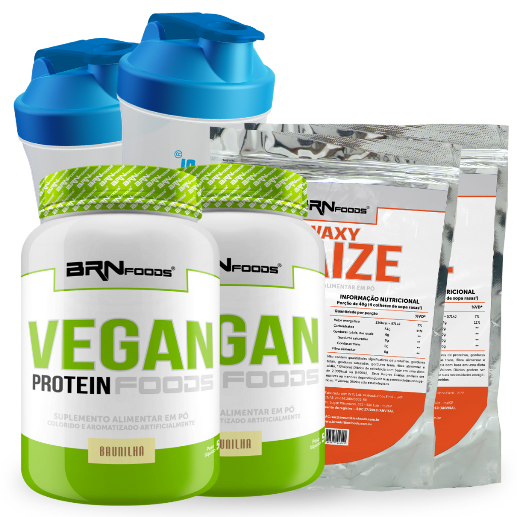 Kit 2x Whey de Proteína Vegetal Vegan Protein 500g + 2x Waxy Maize 800g + 2x Coqueteleiras BRN FOODS