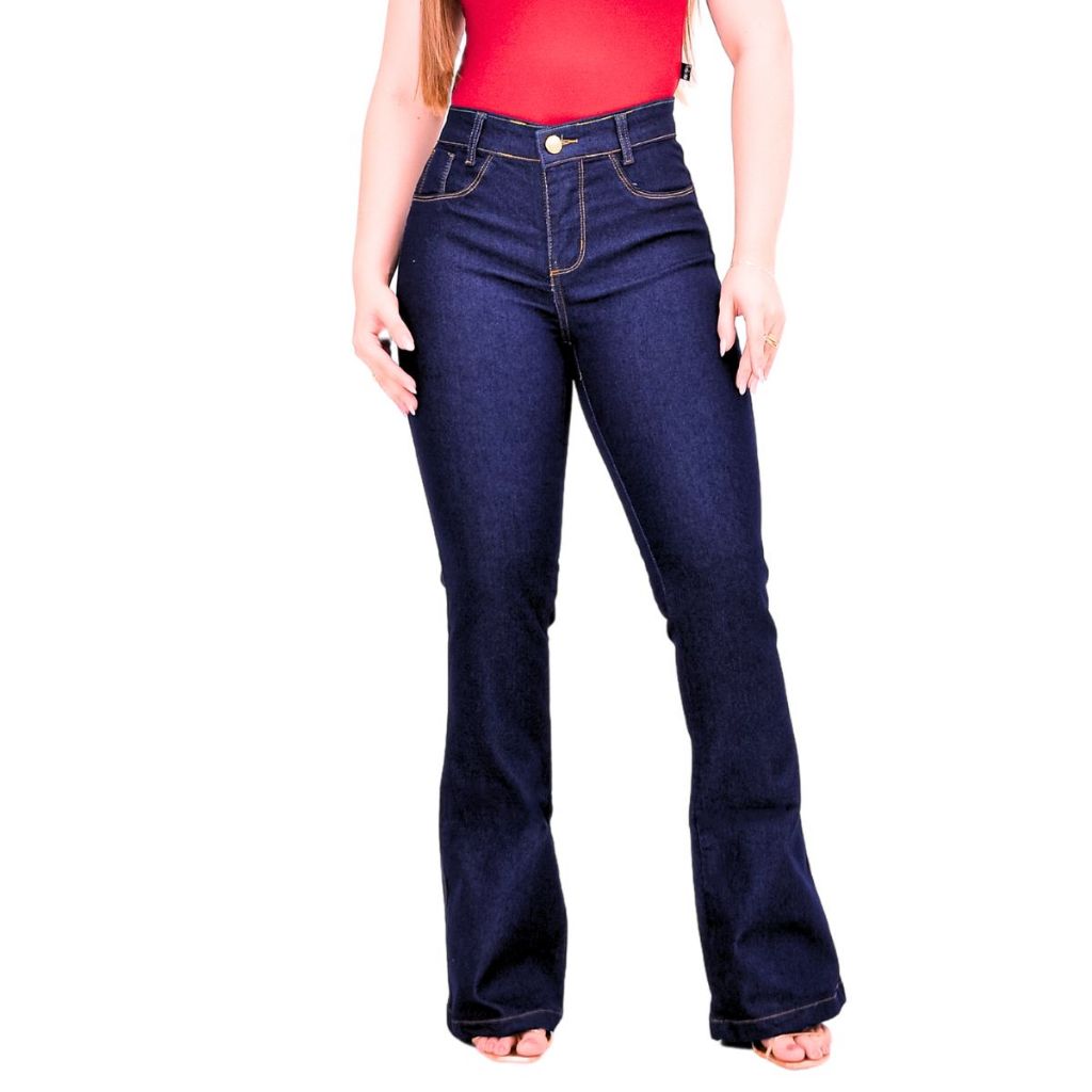 Calça Jeans Feminina Flare Cos Alto Levanta Bumbum Com Lycra Boca De Sino Jeans Escuro