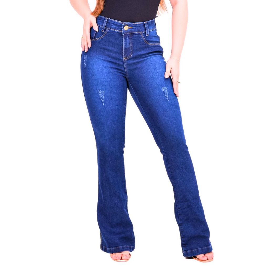 Calça Jeans Feminina Flare Cos Alto Levanta Bumbum Com Lycra Boca De Sino Jeans Azul