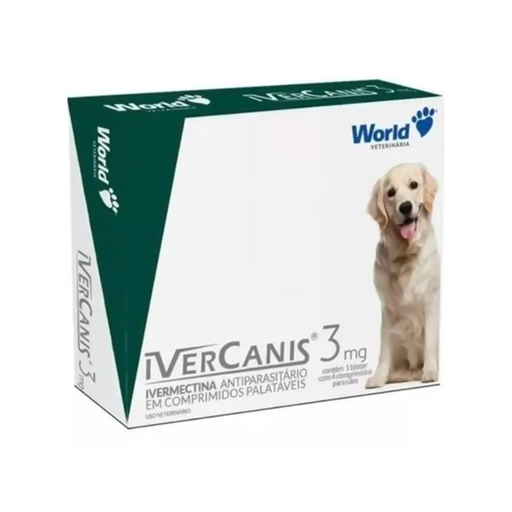 Tratamento Sarna, Verme, Carrapato e Pulga, Ivercanis 3mg com 4 comp - Pets