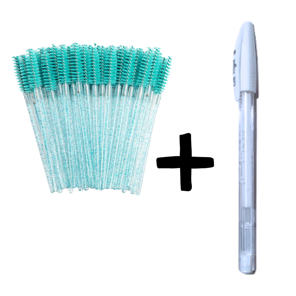 Kit Escova Escovinha + Caneta Gel Branca designer de sobrancelha azul com glitter