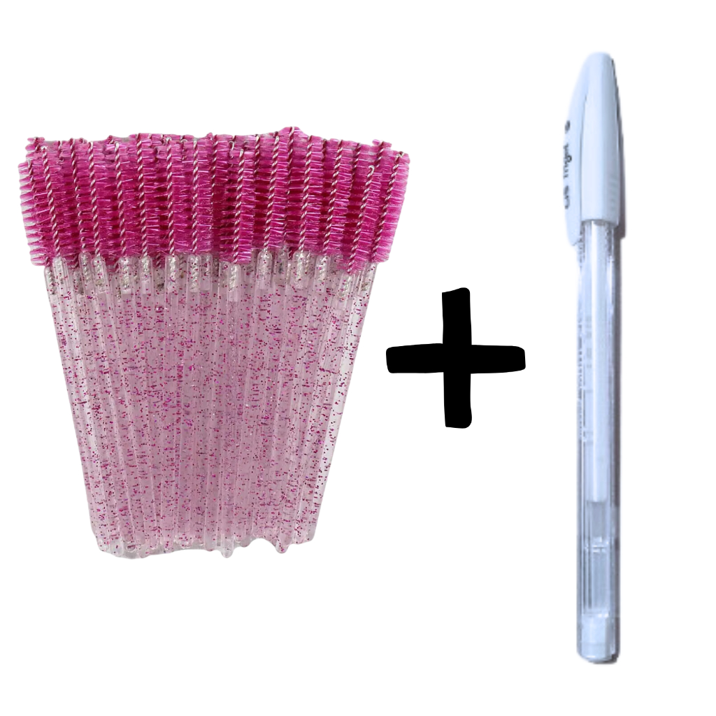 Kit Caneta gel branca e escova escovinha alongamento lash cilios design sobrancelha rosa escuro com glitter