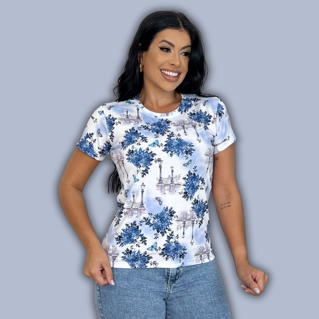 Blusa Feminina Estampada Floral Paris Tshirt Camiseta Feminina Blusinha Baby Look em Oferta na Shopee