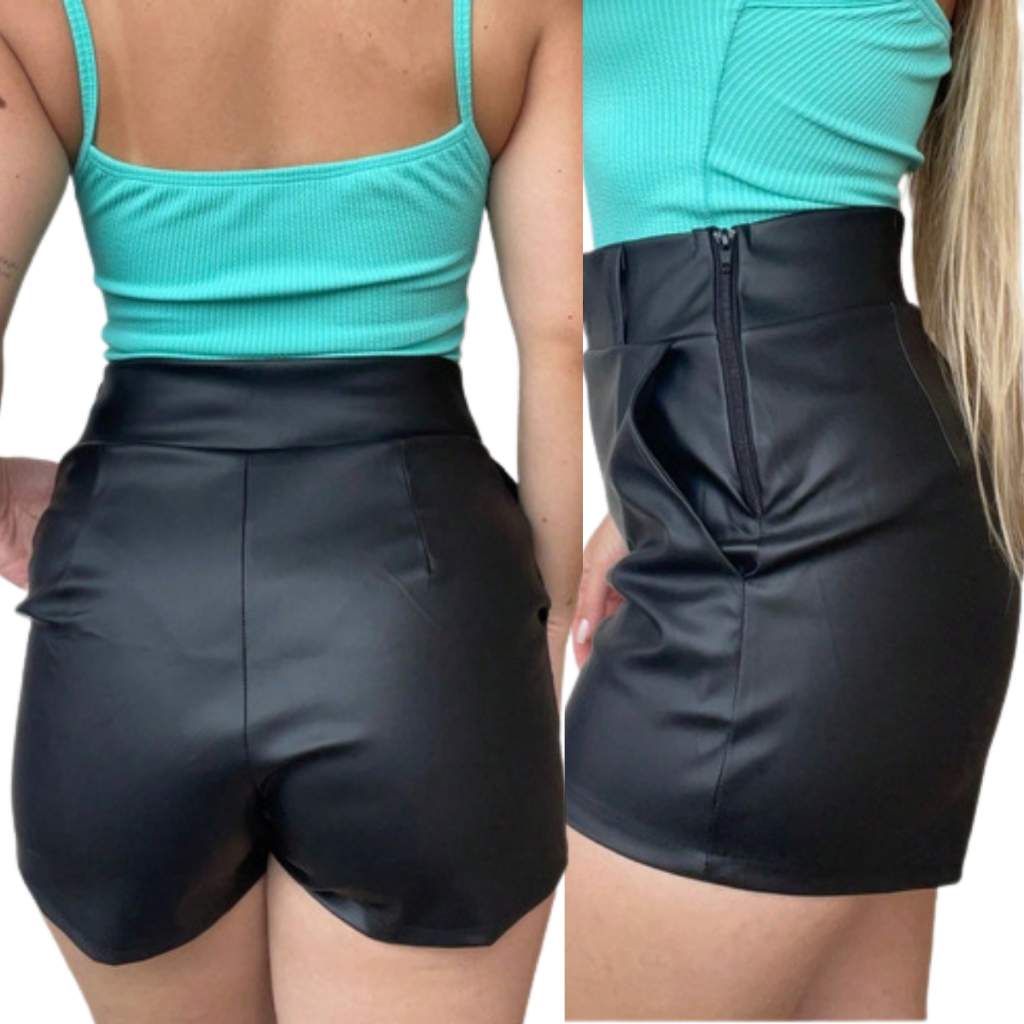 Short Feminino Courino Social Preto Moda Luxo Couro Fake Com Botão Inverno — imagem 2 de 2