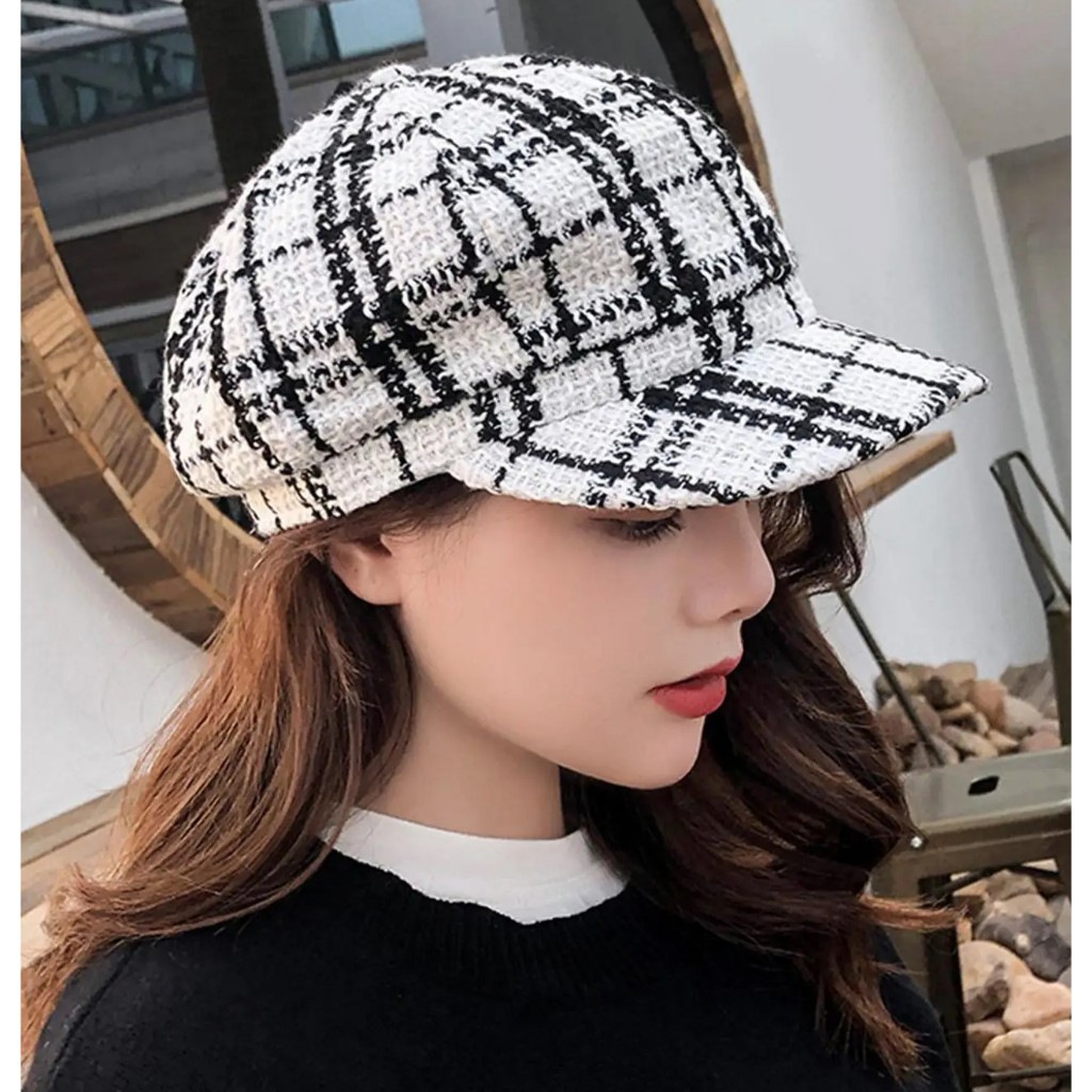 Boina inglesa feminina de lã acrílica xadrez com forro ref. S-0365 boné chapéu cap touca gorro
