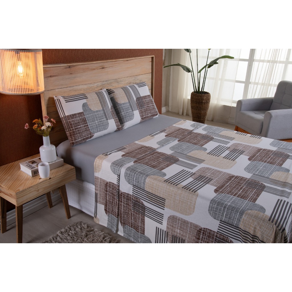 Kit Jogo de Cama Casal Queen 04 Peças Malha 100% Algodão Roupa de Cama Quarto Cinza Geométrico