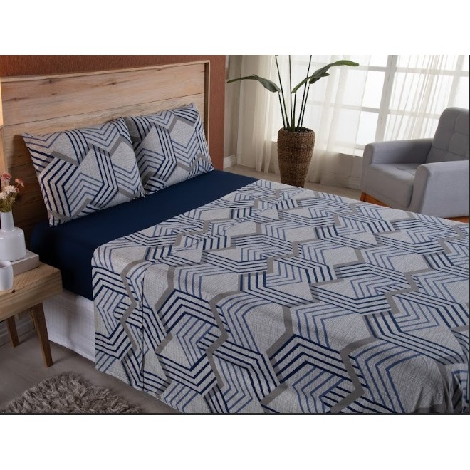 Kit Jogo de Cama Casal Queen 04 Peças Malha 100% Algodão Roupa de Cama Quarto Azul Marinho Zigue Zague