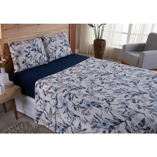Kit Jogo de Cama Casal Queen 04 Peças Malha 100% Algodão Roupa de Cama Quarto Azul Marinho Flor Azul