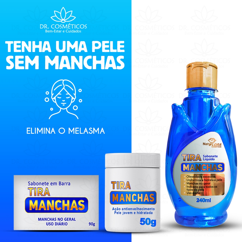 Kit Tira Manchas Clareador de Pele Acne Melasma Hidratação Sabonete em Barra Pomada Sabonete Líquido