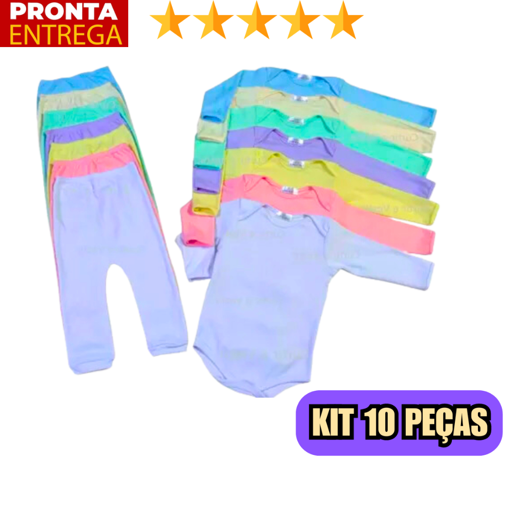 Kit Enxoval Infantil 10 Peças Body Manga Longa E Mijao De Bebê Menino E Menina