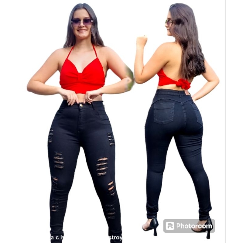 calca jeans preta preta c rasgos fem cintura alta empina bum bum modeladora com strech lycra studio designer jeans