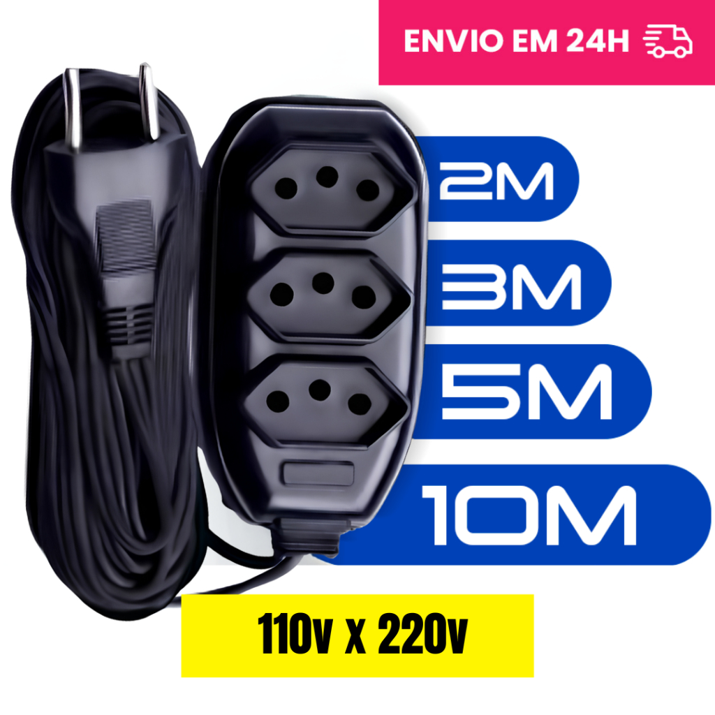Extensão Elétrica  2, 3, 5, 10 (METROS) Bivolt - Tomadas Tripolares Preta