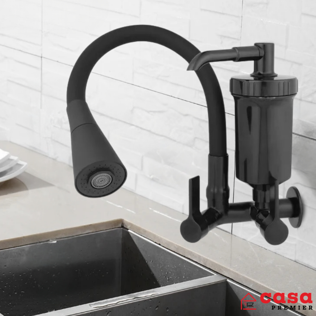 Torneira Filtro Gourmet Parede Cozinha Cano Flexível Arejador 02 Modos Preta Luxo Metal