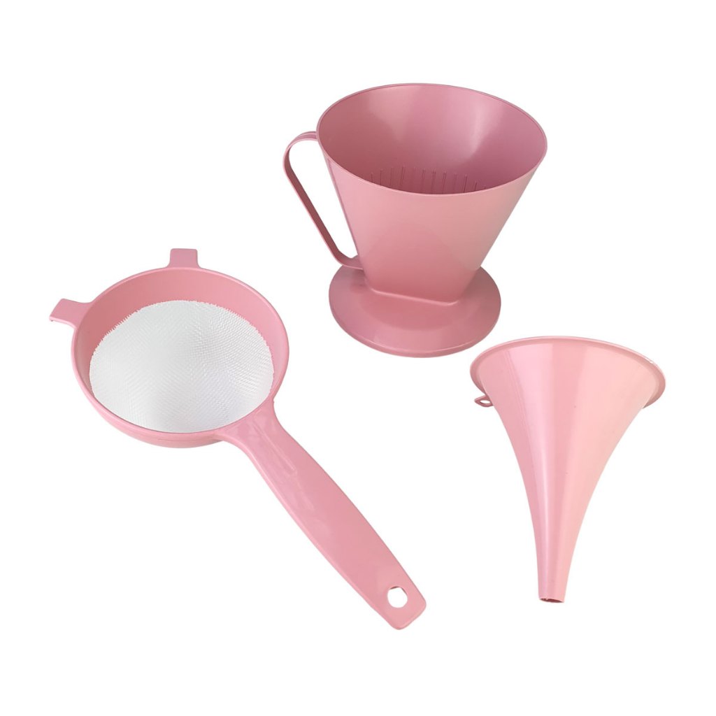 Kit de Cozinha Peneira, Funil e Filtro de Café em Rosa 3 Peças em Oferta na Shopee