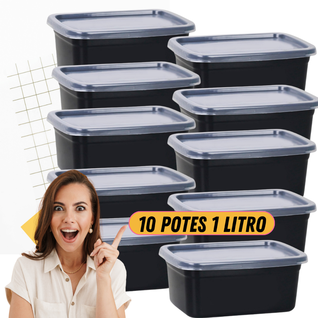 10 Potes Pretos 1 Litro Retangular Tampa Transparente Marmita Organizador Fitness