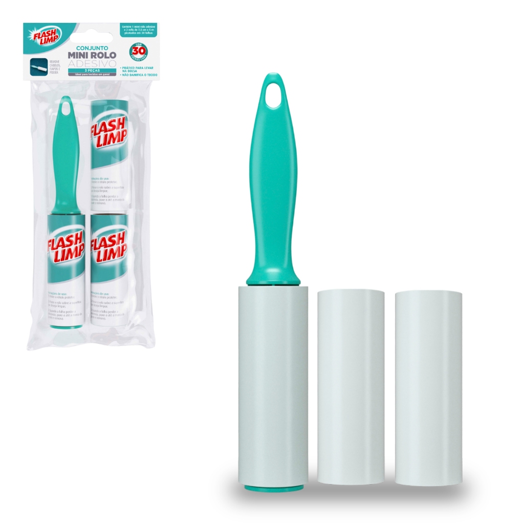 Mini Rolo Adesivo + 2 Refis Tira Pelos 30 folhas Flash Limp