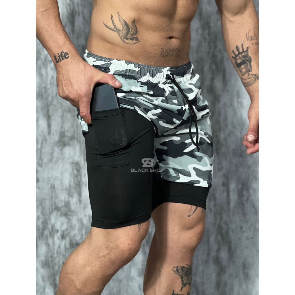 Short 2 em 1 Dry Fit CAMUFLADO Bermuda Compressão Academia Treino Corrida Com Elastano