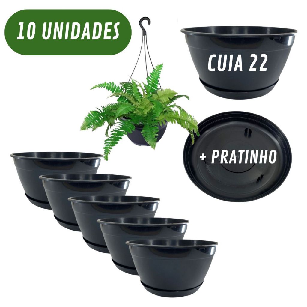 Kit 10 Vasos Cuia 22  Plástico Com Prato Embutido + Pedurador Jardim Flores Plantas 2000 ML em Oferta na Shopee