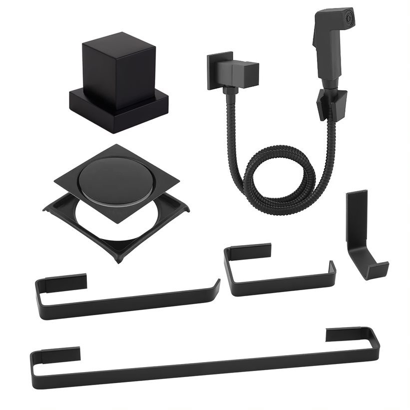 Kit Acessórios Para Banheiro Luxo 04 Peças Quadrado + Acabamento Metal + Ducha + Ralo Click 10x10 Black