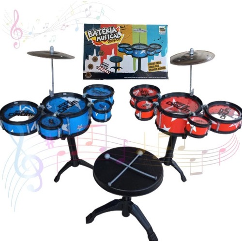 Bateria Infantil 5 Tambores C/baquetas E Banquinho Cor Azul em Oferta na Shopee
