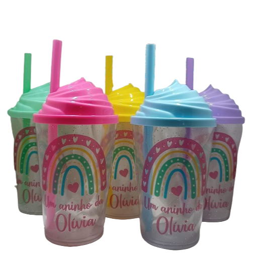 KIT COPO TWISTER PERSONALIZADO 300ML ARCO ÍRIS BOHO 2 (TAMPA CHANTILLY) em Oferta na Shopee