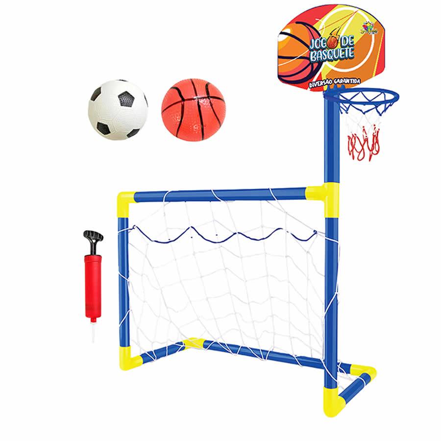 Kit Golzinho com Basquete Trave Futebol Rede 2 Bolas e Bomba Brinquedo Para Criança