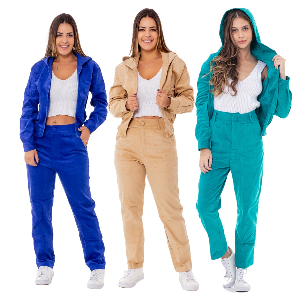 HBD 013# Conjunto Feminina Bulsa Com Ziper Capuz E Calça Veludo Cotelê HC-CON-013