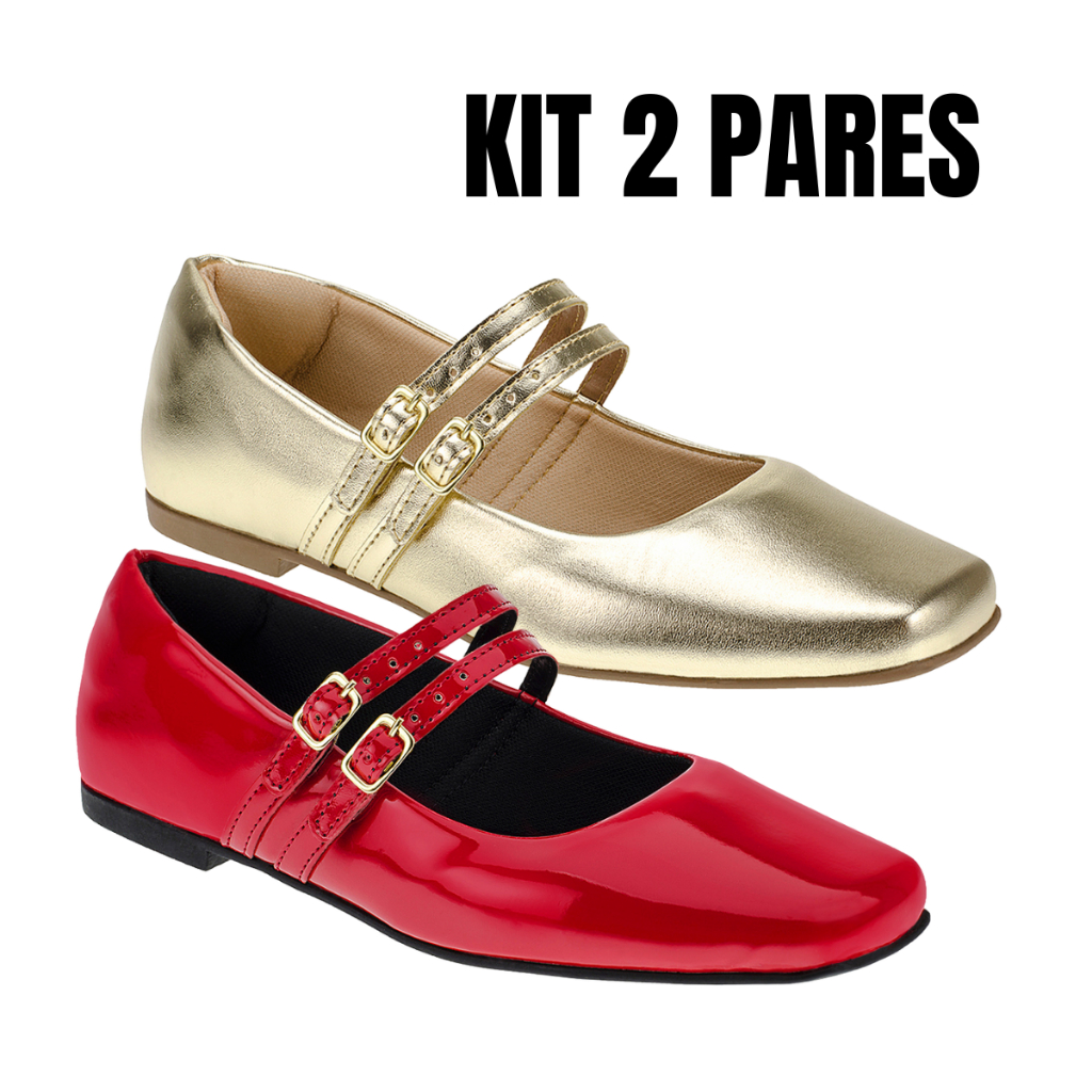 KIT 2 PARES Sapatilha Feminina Boneca Balé Bico Quadrado Sapato Confortável Macio Casual Lóris 190 - Women Shoes