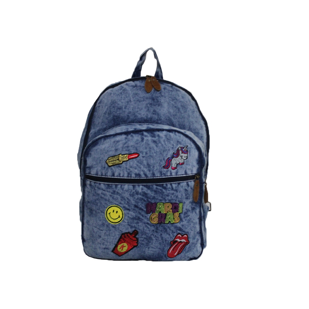 Mochila Jeans Escolar Passeio Casual Trabalho Cursinho Multi Uso Patches Feminina 3 Bolsos