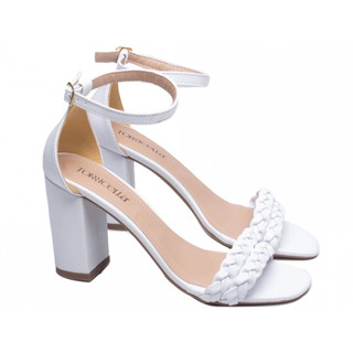 Sandália Feminina Branca Salto Grosso 8cm Bico Redondo Confortável Torricella