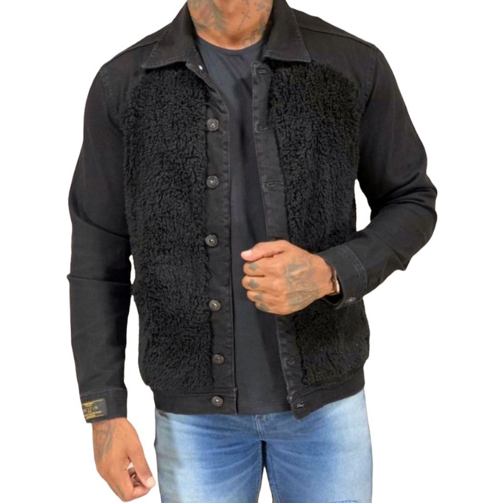 Jaqueta Sarja Masculina Casaco Com Pelo Detalhe Frontal Jaqueta Preta Jeans Com Pelinho