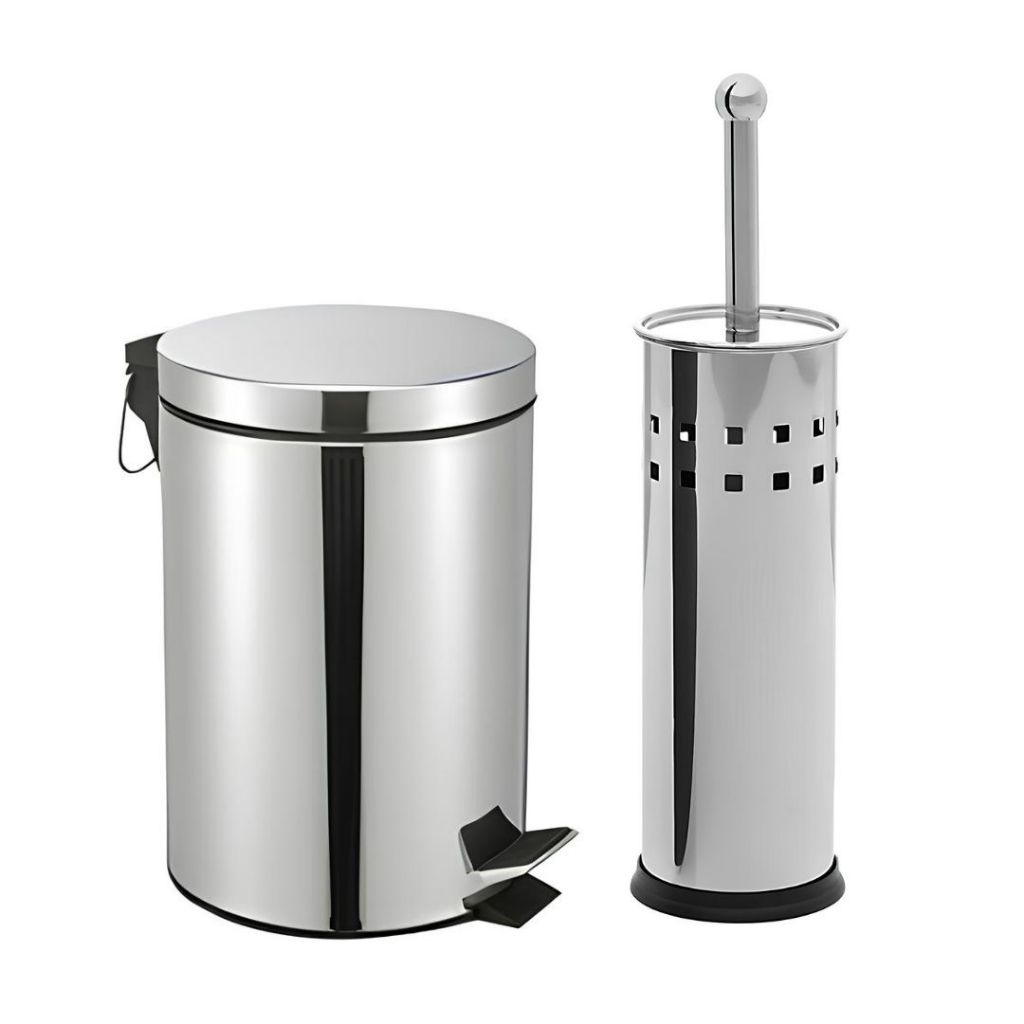Kit Lixeira 5 Litros Inox com Pedal + Escova Sanitária Inox Para Higienização Limpeza Kit  para Banheiro Organização Limpeza Tendência