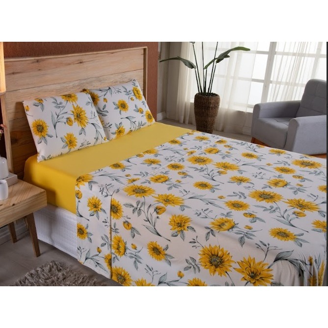 Kit Jogo de Cama Casal Queen 04 Peças Malha 100% Algodão Roupa de Cama Quarto Amarelo Flor Girassol