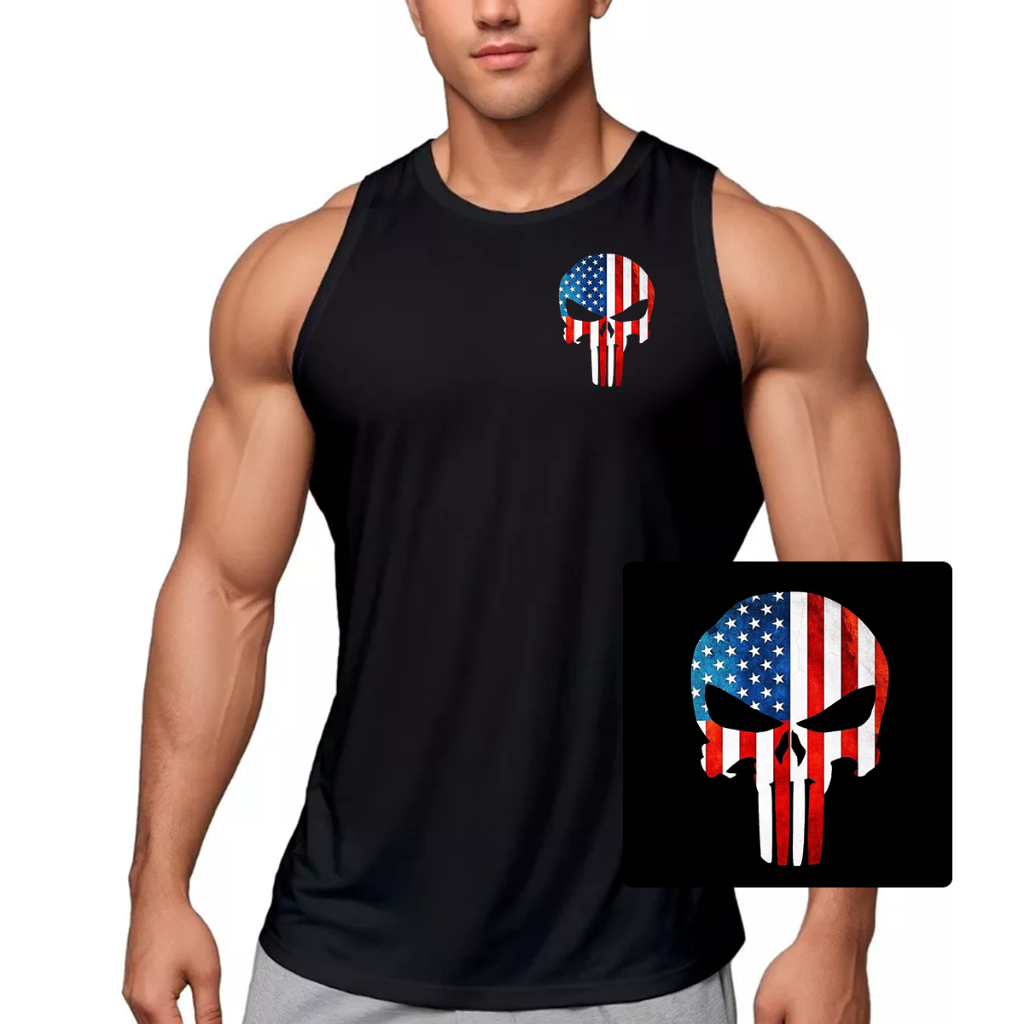 Camiseta Regata Dry Fit Masculina Caveira EUA USA Atividade Física Muscle Fit