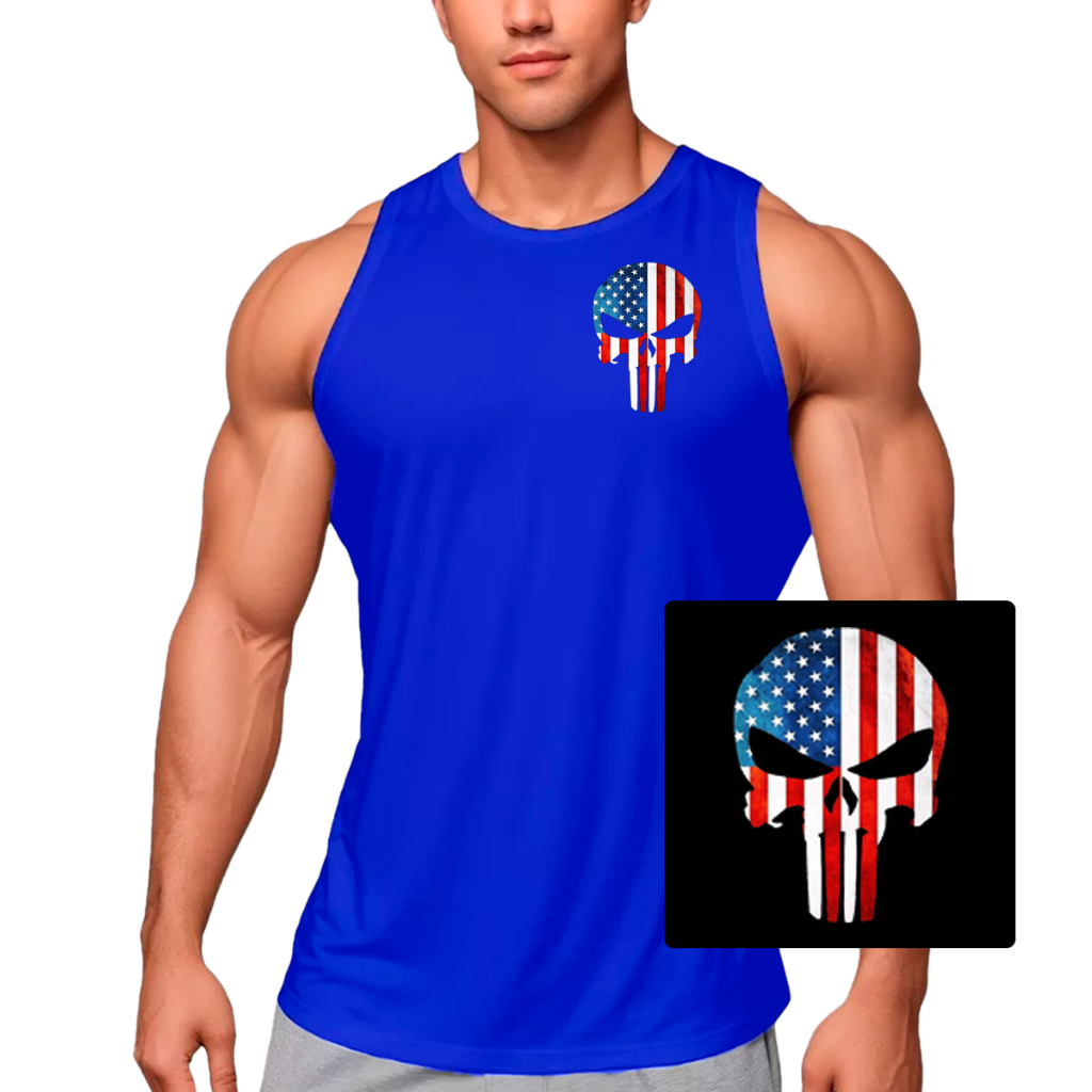 Camiseta Regata Masculina Dry Fit Caveira EUA USA Cavada Poliéster Esportes - Muscle Fit