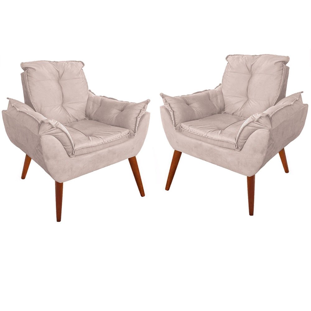 02 Poltronas Decorativas Opalla Várias Cores Suede Bege Para Escritório e Recepção