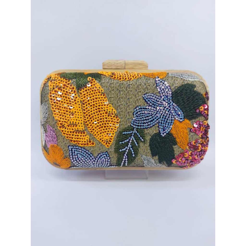 Bolsa Clutch Floral de Madeira e Lantejoulas em Oferta na Shopee