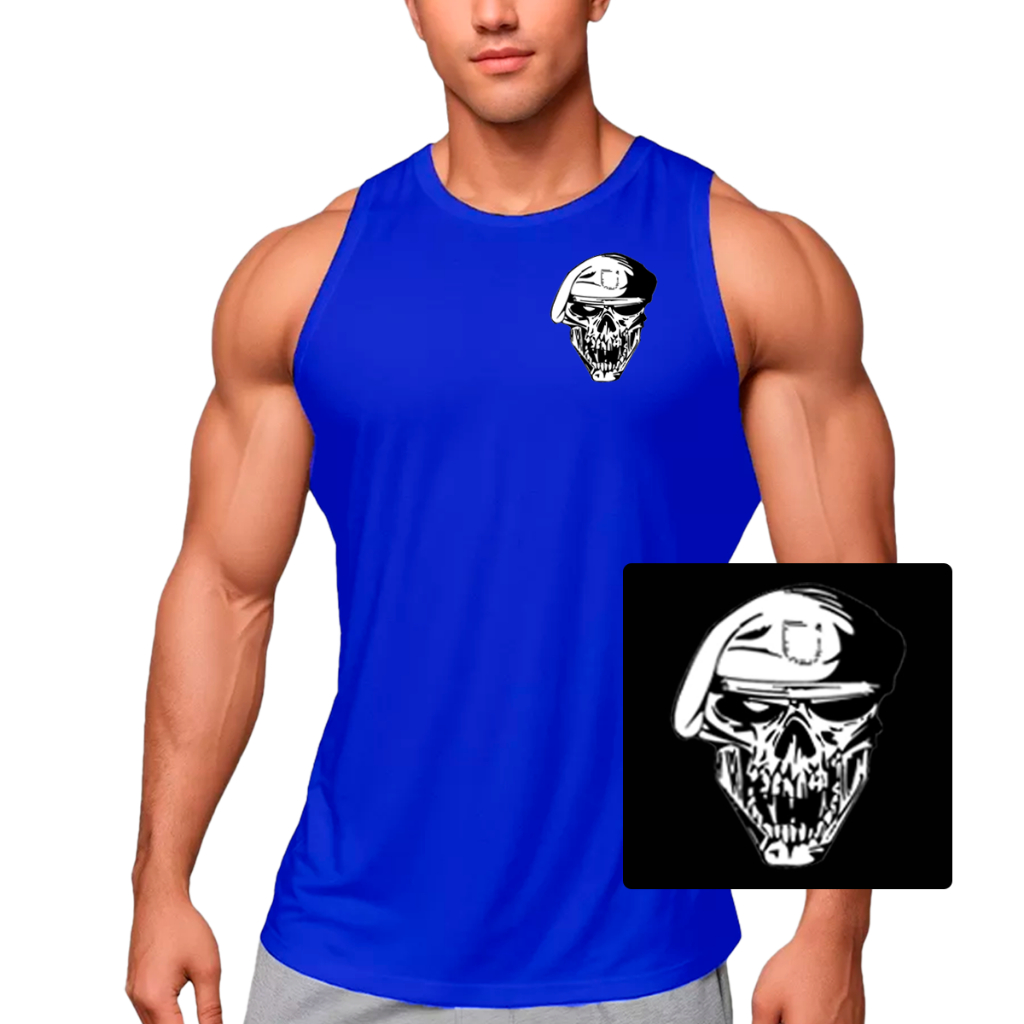 Camiseta Regata Masculina Dry Fit Caveira Militar Cavada Poliéster Esportes - Muscle Fit