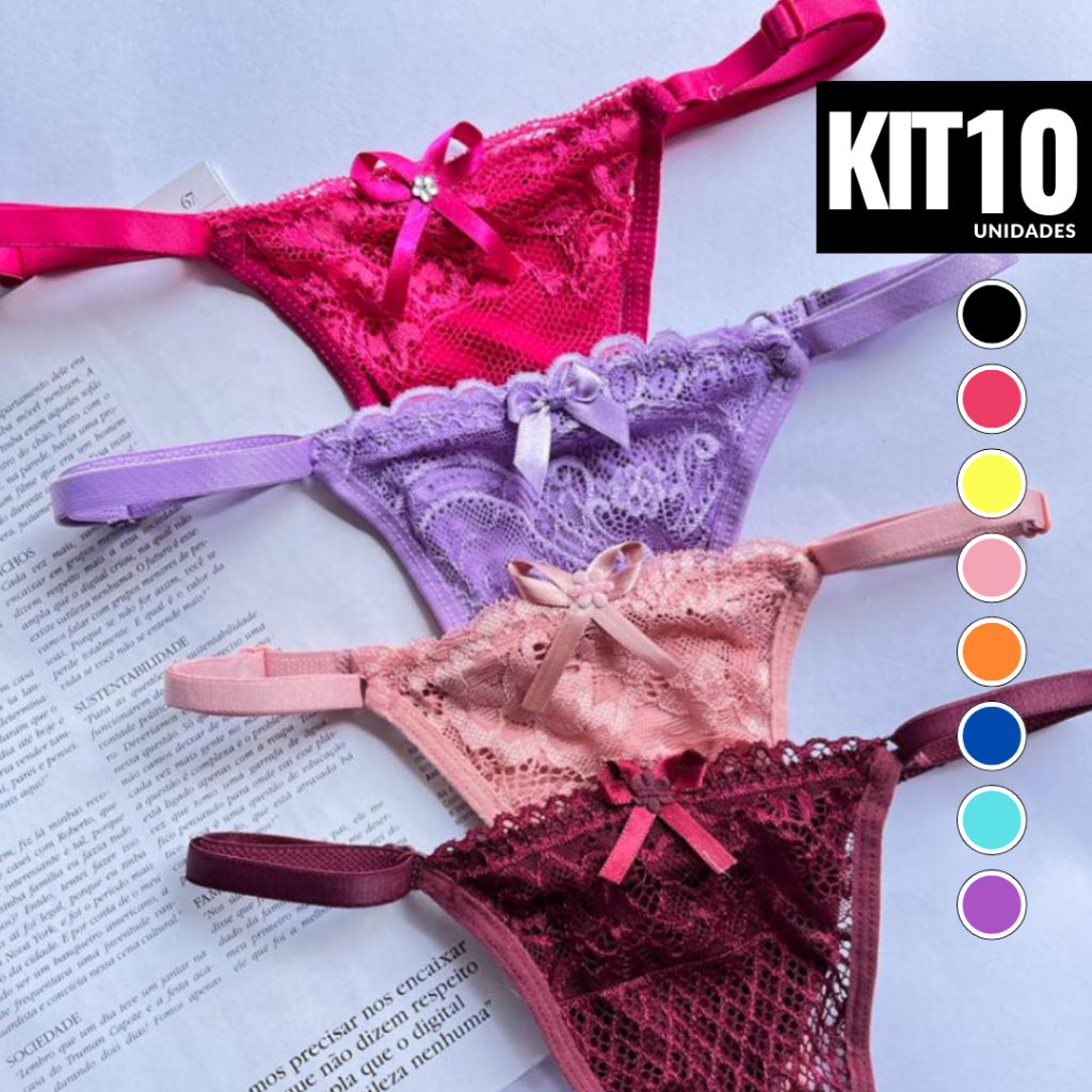 Kit 2,3,5,8 ou 10 Calcinha Fio Dental Sexy de Renda Calcinhas com Regulagem Feminina Tanga Sensual