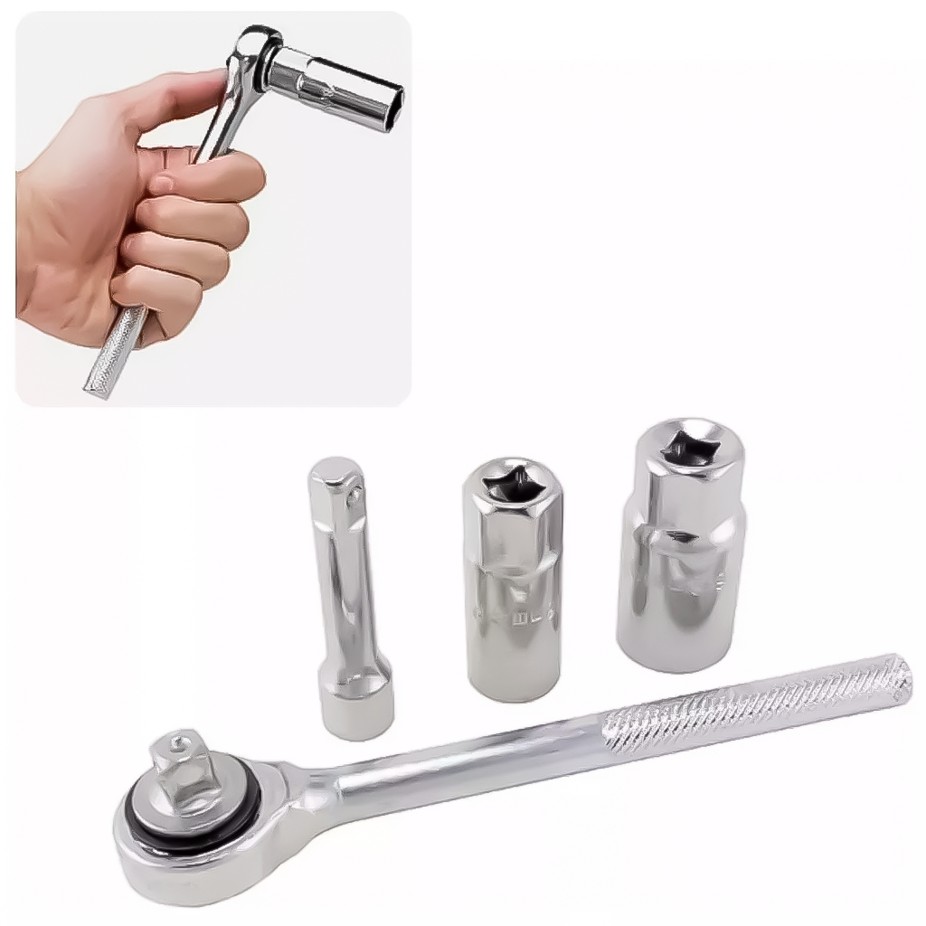 Kit Jogo Chave De Vela Com Catraca Reversível 3/8Pol. 4 Peças Soquetes Ferro Fundido