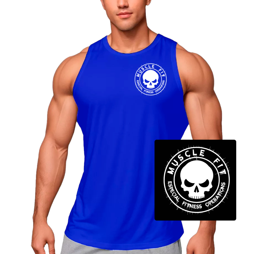 Camiseta Regata Masculina Dry Fit Cavada Caveira Muscle Fit Poliéster Esportes - Muscle Fit