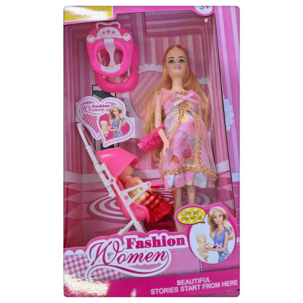 Boneca Grávida +bebê na barriga + acessório+ carrinho de bebê