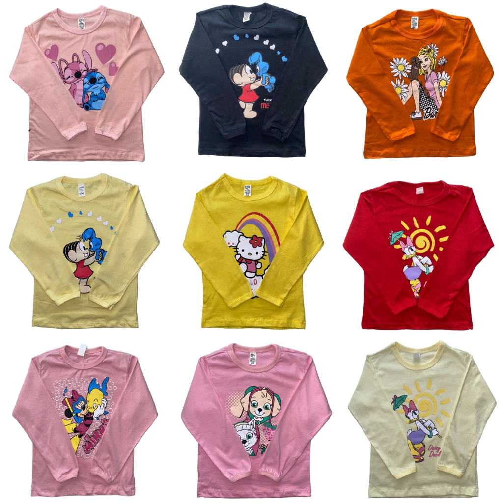 Kit 3 Camisetas Infantil Manga Longa Menina 2 à 8 Anos