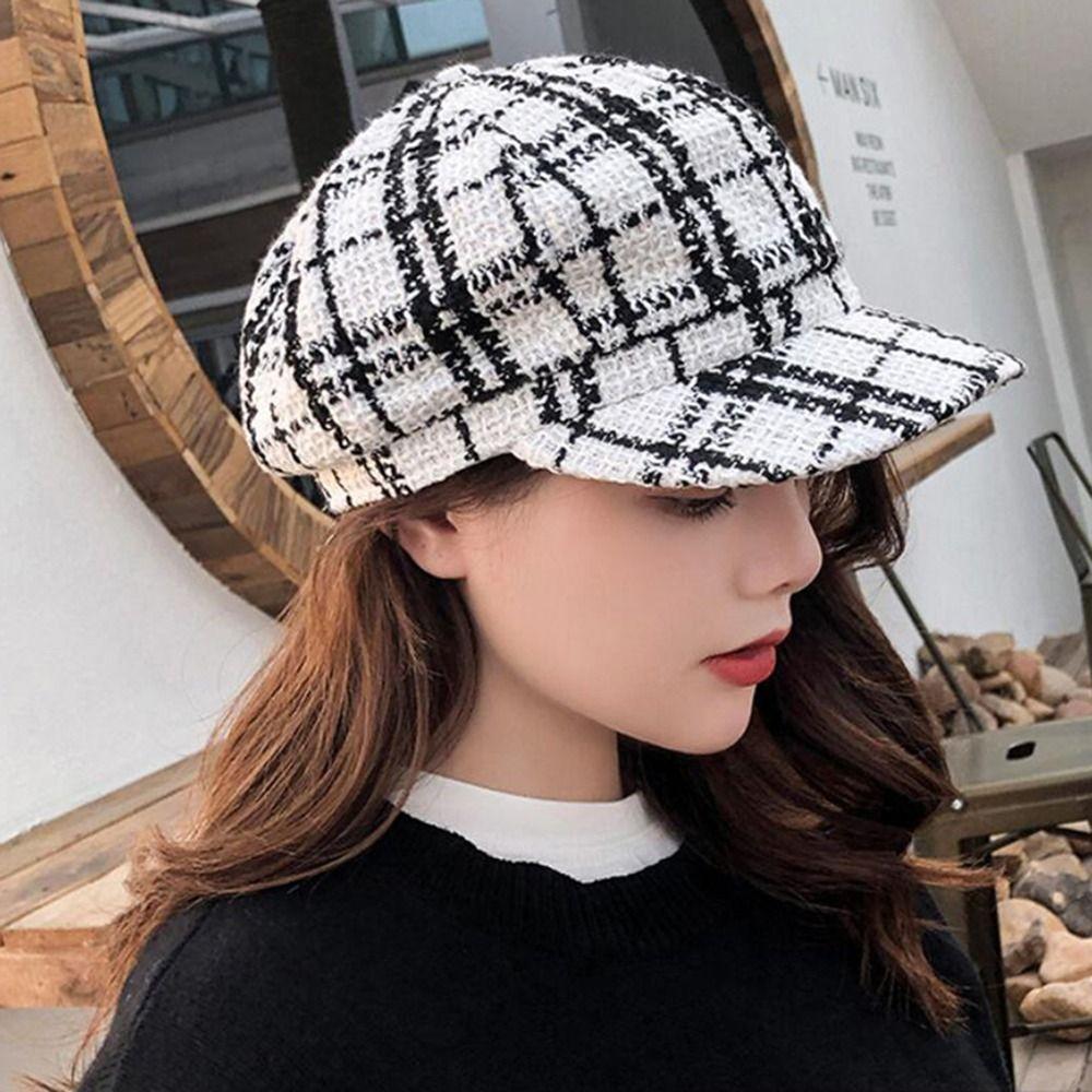 Boina inglesa feminina gorro cap de lã acrílica xadrez com forro ref. S-0365 boné chapéu de inverno
